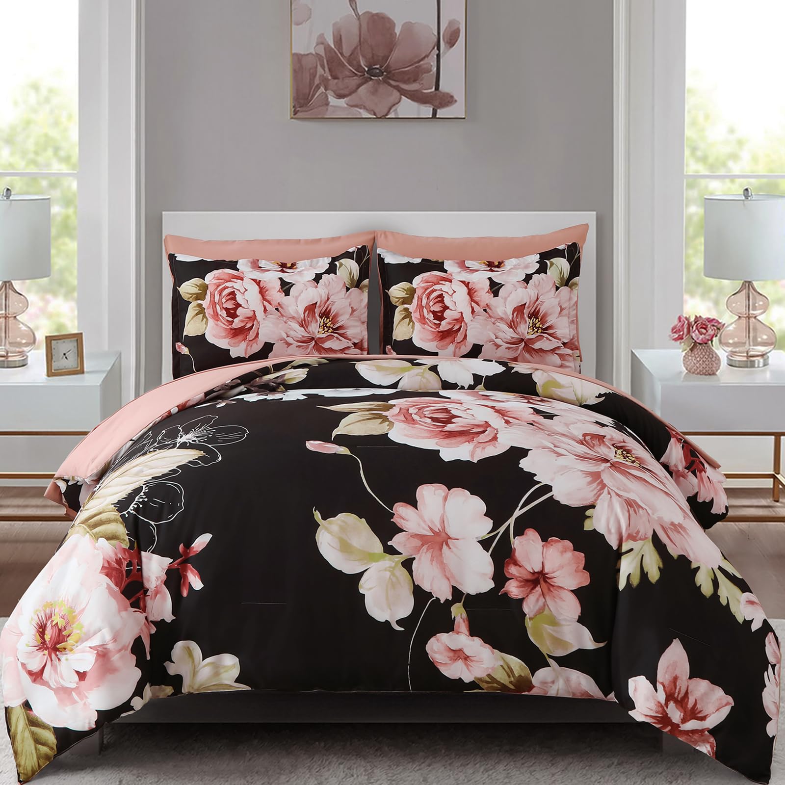 Set Queen Size 7 Pieces Bed in a Bag,Pink Flower Pattern Comforter