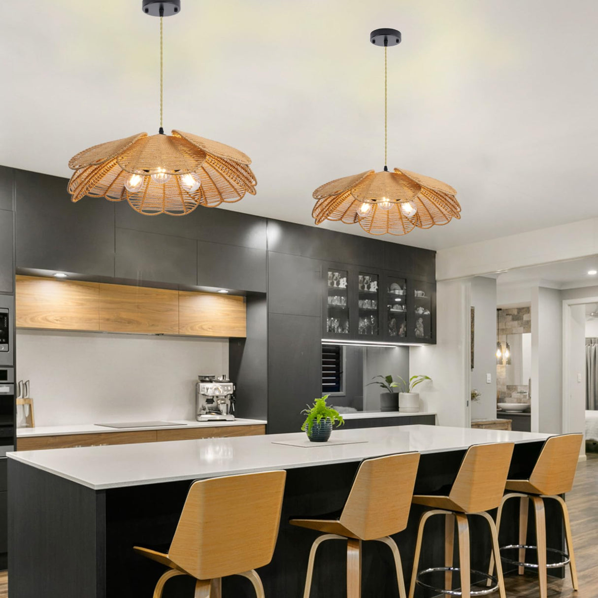 WYYSDWNE 3 Light Rattan Chandelier, 21.8 in Boho Chandelier Light Fixture, Hand Woven Wicker Pendant Light for Dining Room, Living Room, Hallway, Kitchen