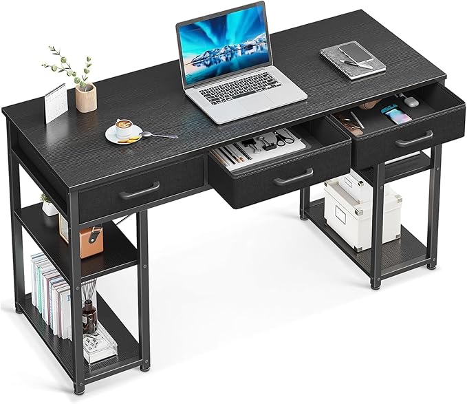 Office Small Computer Desk: Home Table with Fabric Drawers & Storage Shelves