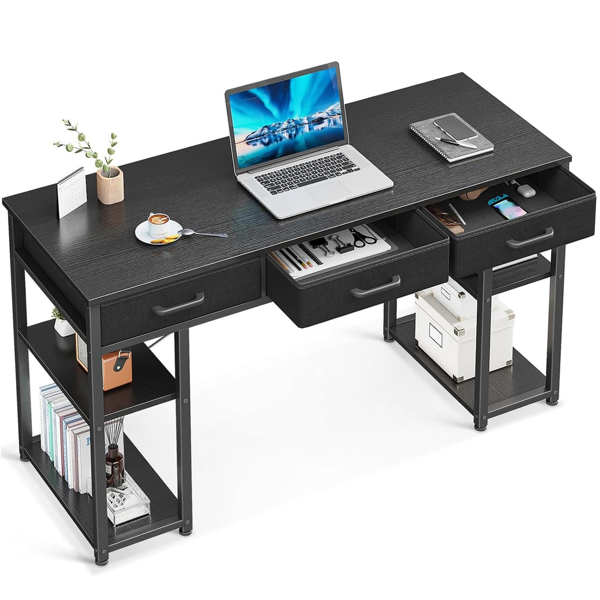 Small Computer Desk: Home Table with Fabric Drawers & Storage Shelves, Modern Writing Desk, Black, 48"x16"