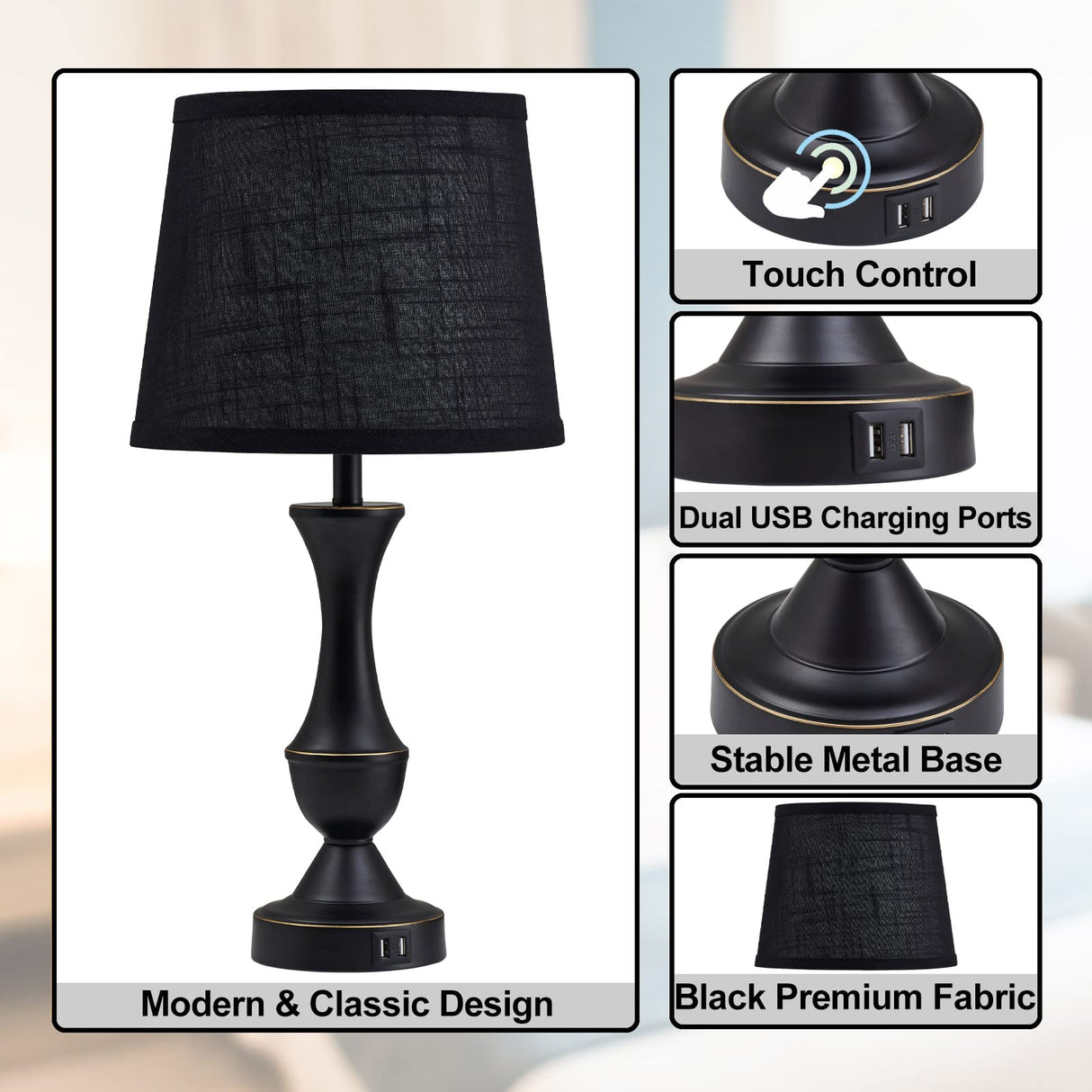 Touch Table Lamps Set of 2, 22" Tall Bedside Lamps