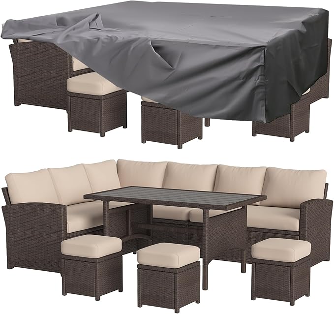 Patio Furniture Set with Cover, 7 Pieces Outdoor Sectional Sofa Conversation Set All Weather Wicker Rattan Couch Dining Table & Chair with Ottoman, Dark Blue