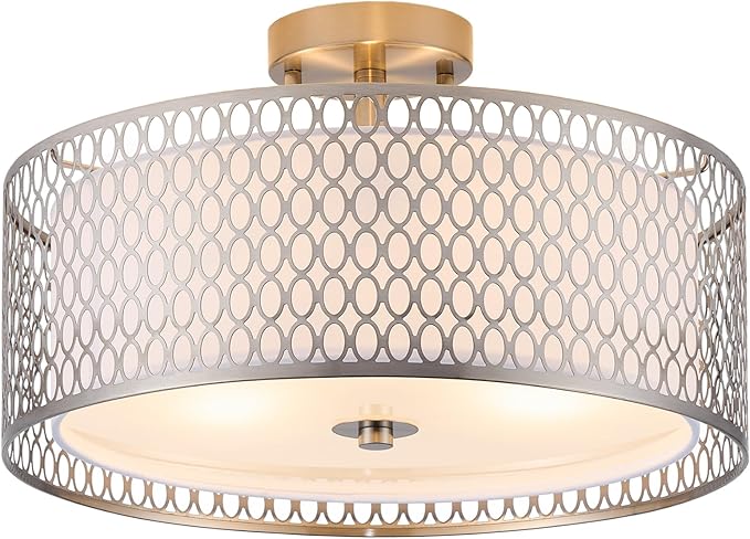 16" Semi Flush Mount Ceiling Light Fixture, 3-Light Golden Metal Mesh Drum Ceiling Light