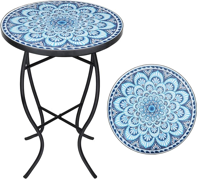 Mosaic Outdoor Side Table, Round Rustproof Patio Tables with 14" Ceramic Tile Top
