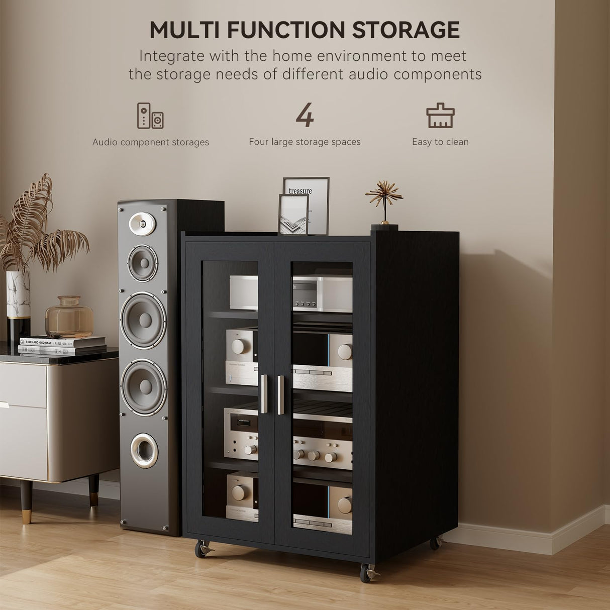 ELECWISH Stereo Cabinet, Media Storage Cabinet, Audio-Video Media Stand with 4 Height-Adjustable Shelves, AV Cabinet Audio Rack with Glass Doors for Meeting, Living, Recording Room