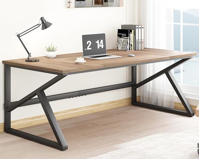 Long Desks for Home Office, Large Metal Wooden Computer Desk for 2 Monitors