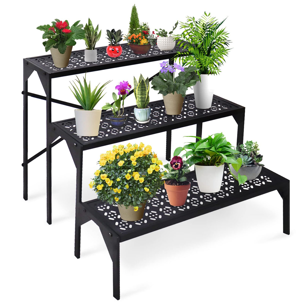 aboxoo 3 Tiers Metal Plant Stand, Ladder Flower Pots Holders, Step Display Rack, Heavy Duty Utility Storage Organizer Rack for Home Garden Patio Balcony, Stair Style Stand