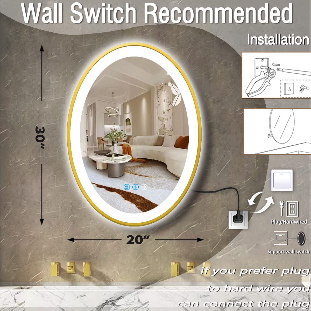 30x20 Inch Oval LED Bathroom Mirror - Gold Frame with Anti-Fog