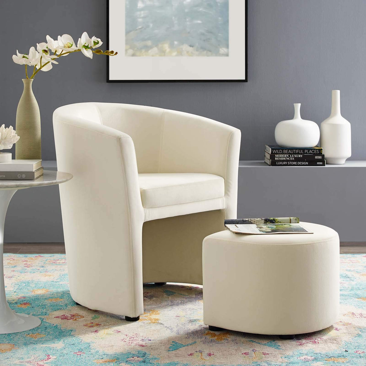Divulge Performance Velvet Armchair and Ottoman Set in Ivory