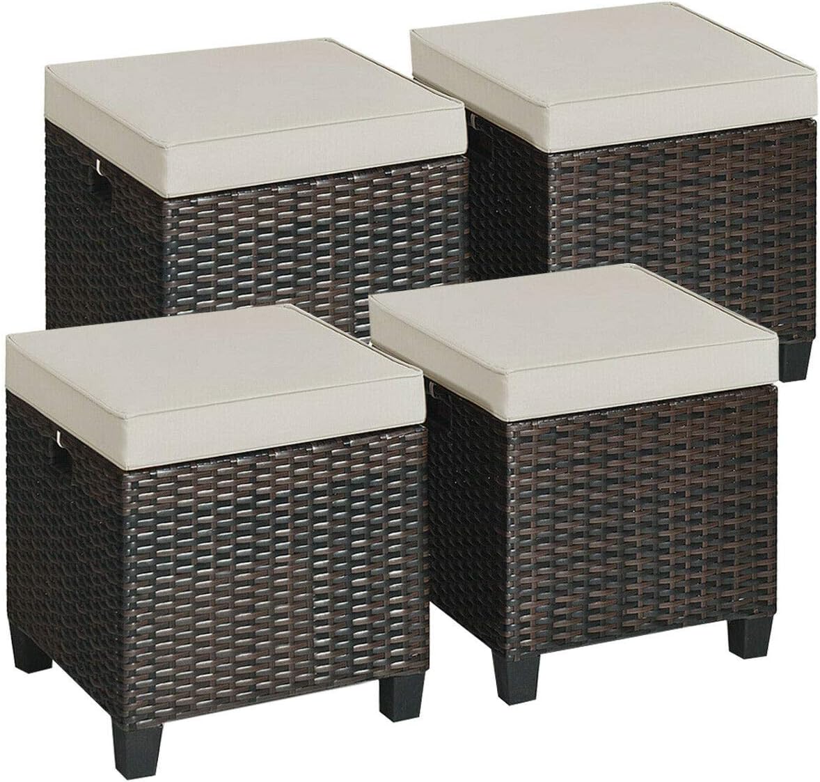 4 Pieces Outdoor Patio Ottoman, All Weather Rattan Wicker Ottoman Sea