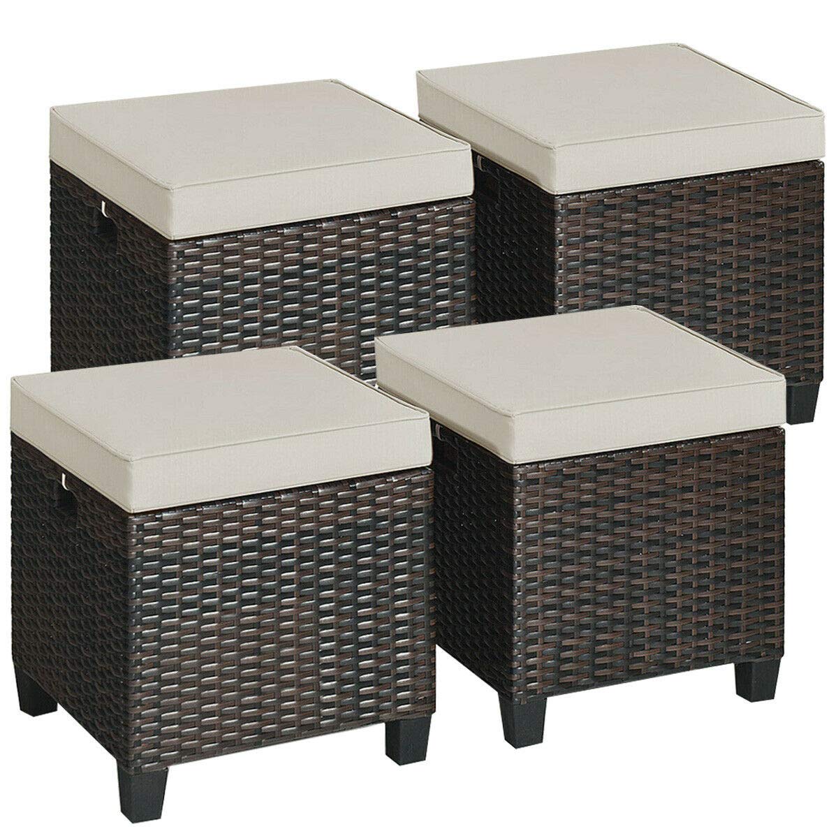 4 Pieces Outdoor Patio Ottoman, All Weather Rattan Wicker Ottoman Sea