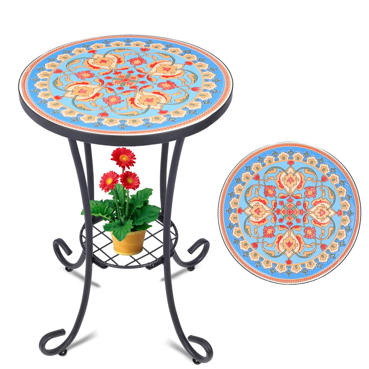 Mosaic Outdoor Side Table, Round Rustproof Patio Table
