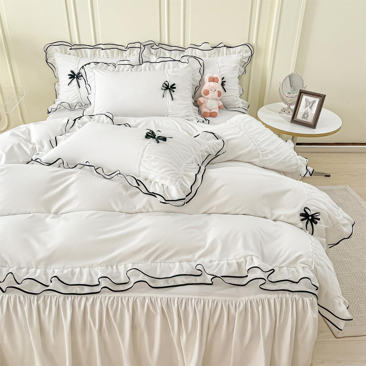 White Duvet Cover Full Size, Ruffle Beddding Set with Bowtie