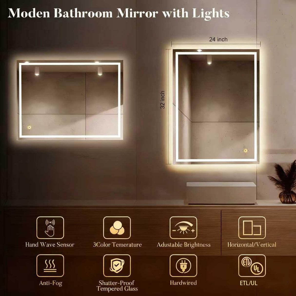 LED Bathroom Mirror 24x32 - Dimmable, Anti-Fog, Hand Wave Control