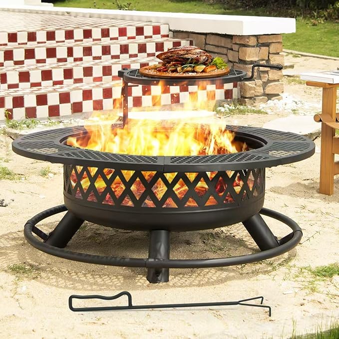 42 Inch Outdoor Fire Pit with Grill, Large Firepit Table for Outside