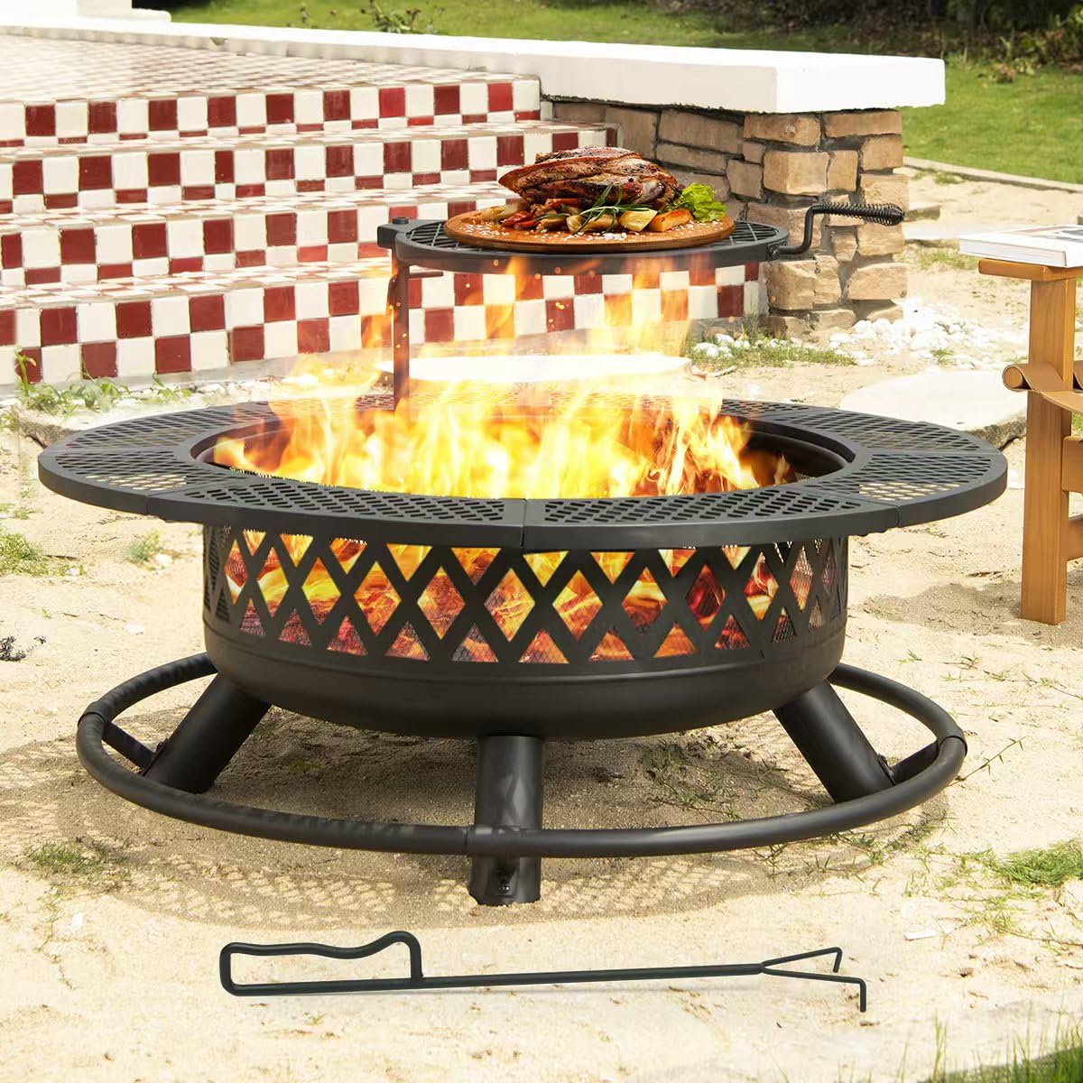 Panovue 42 Inch Outdoor Fire Pit with Grill, Large Firepit Table for Outside, Metal Round Firepits with Lid&Fire Poker,3 in 1 Wood Burning Fire Pits & Outdoor Fireplaces for Backyard,Patio(Black) - Bircata