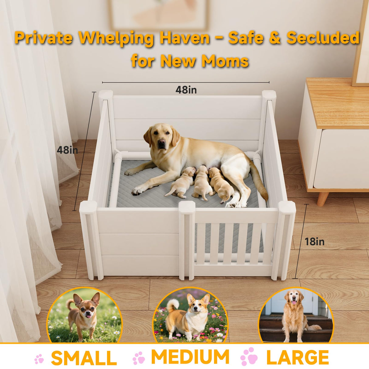 Whelping Box with Pig Rails - 48x48x18 Inch for Small to Large Breed Dogs