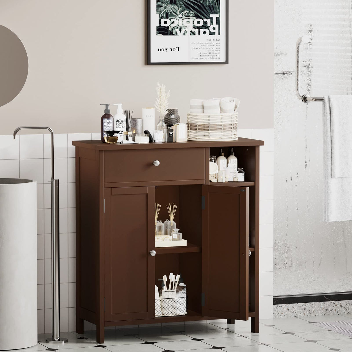 Bathroom Cabinet with Doors, Bathroom Floor Cabinet with Drawer, Adjustable Shelf,