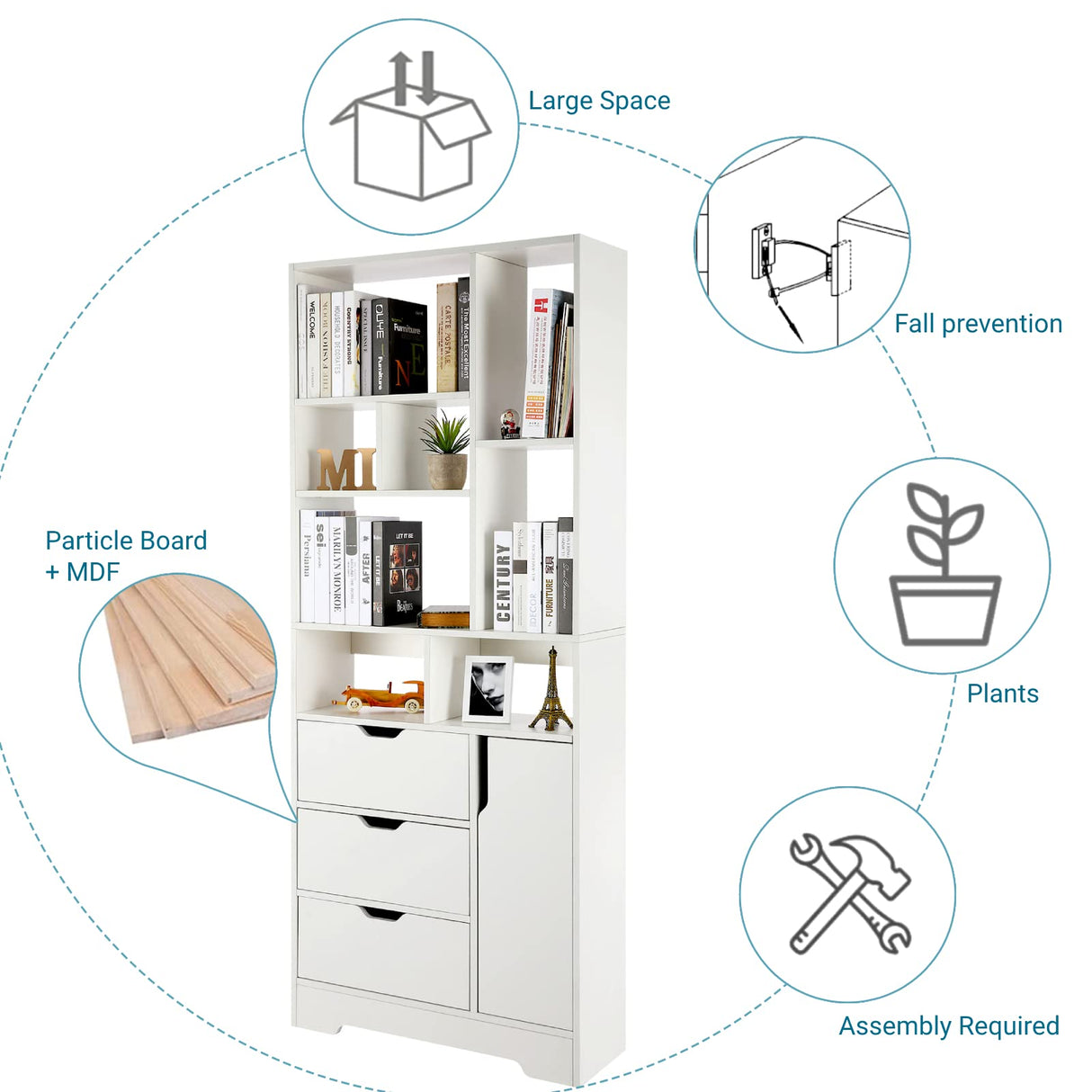 Stylish White Bookshelf, 71" Tall Bookshelf with Doors and 3 Drawers