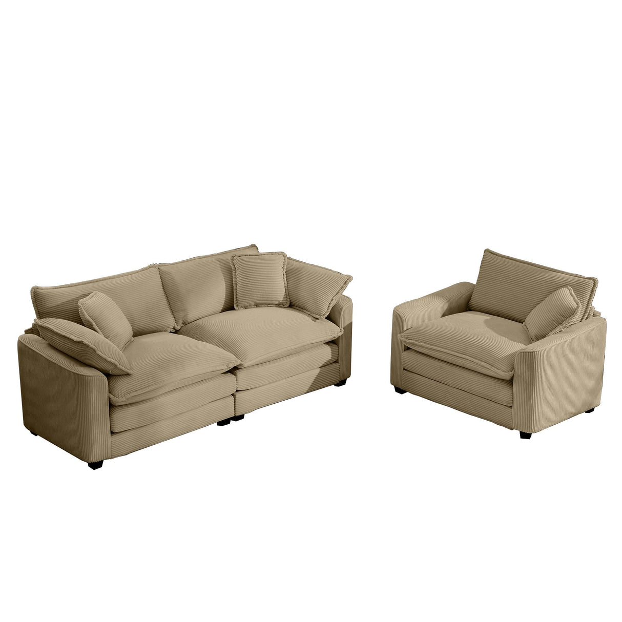 Ergonomic Two-Piece Living Room Sofa Set with Soft Fabric - Single Seat & 3-Seater in Tan