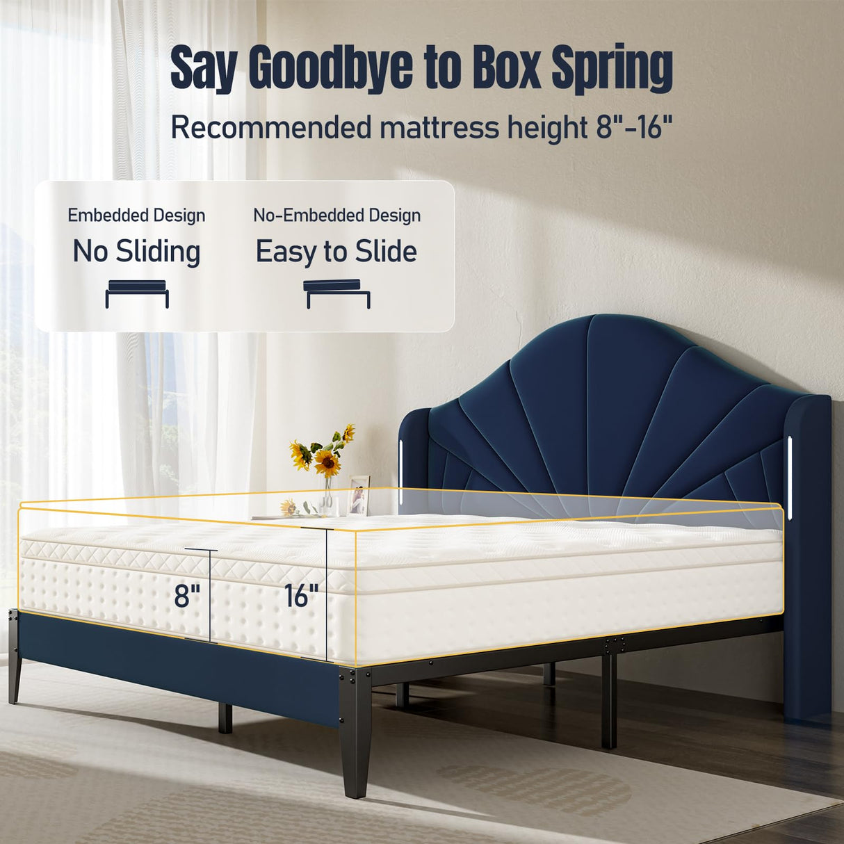 Full Bed Frame with LED Lights - Velvet Blue Upholstered Platform Bed