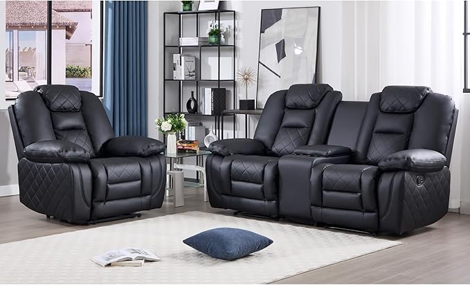 Leather Manual Reclining Sofa, 3 Seat Recliner Sofa Chair with Overstuffed Armrest and