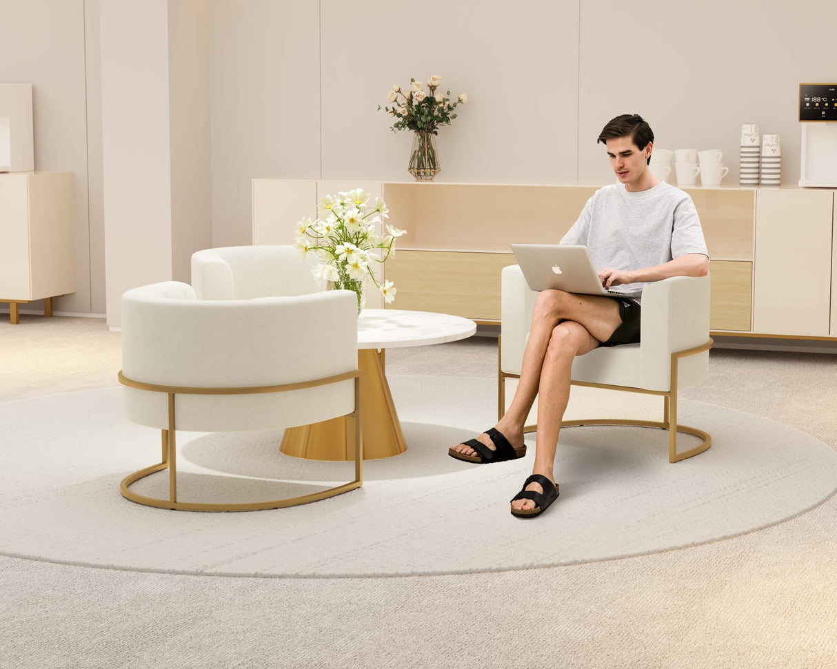 Velvet Accent Chair Invory Modern Comfy Upholstered Barrel Chair Padded Seat