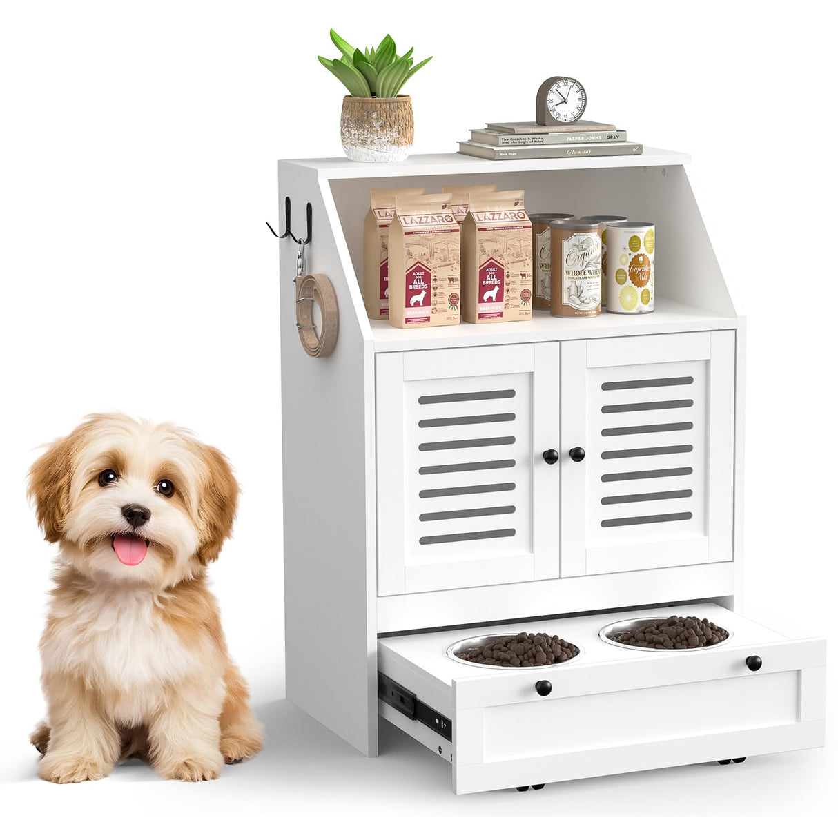 Dog Feeding Station with Storage Cabinet & 2 Raised Bowls