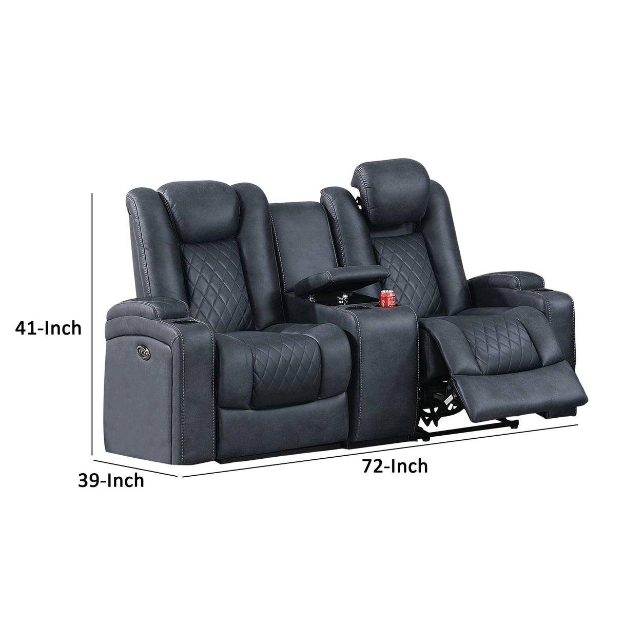 72 Inch Power Reclining Loveseat, Lift Top Storage Console, Blue