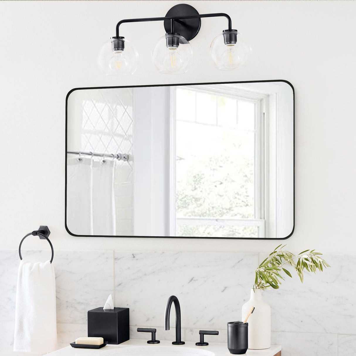 Black Framed Mirror for Bathroom, Rounded Rectangle Mirrors