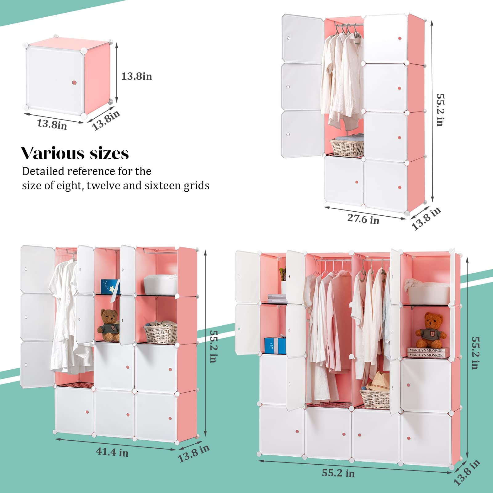 Portable Wardrobe Closet for Hanging Clothes, Bedroom Armoire with Doors