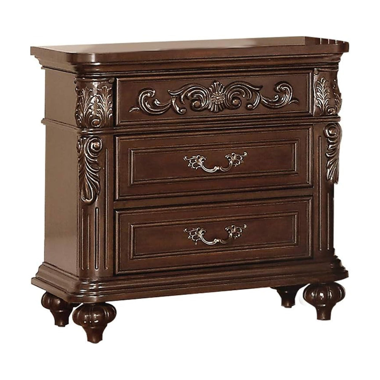 Drawer Engraved Wooden Nightstand, Brown