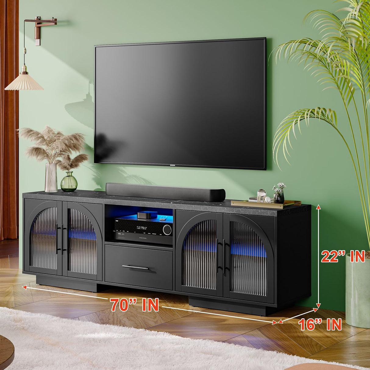 70" TV Stand with LED Lights & Glass Doors