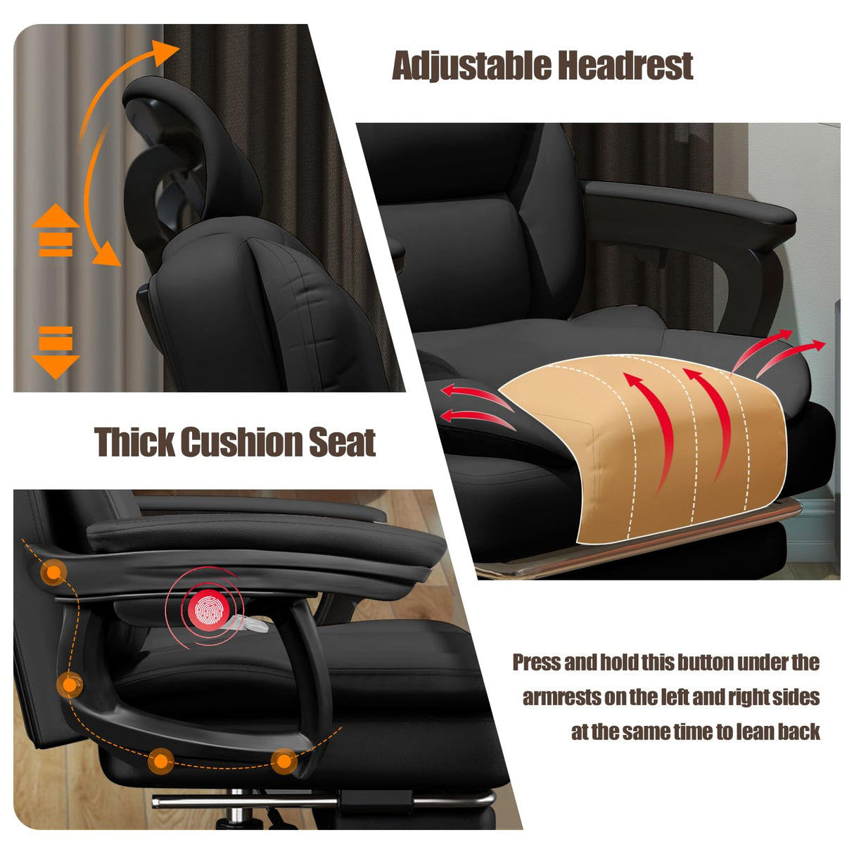 HDHNBA Office Chair Big and Tall Computer Gaming Chairs with Foot Rest Comfortable Lumbar Support Ergonomic High Back Reclining Desk Chairs PU leather Executive Office Work Chair, Black