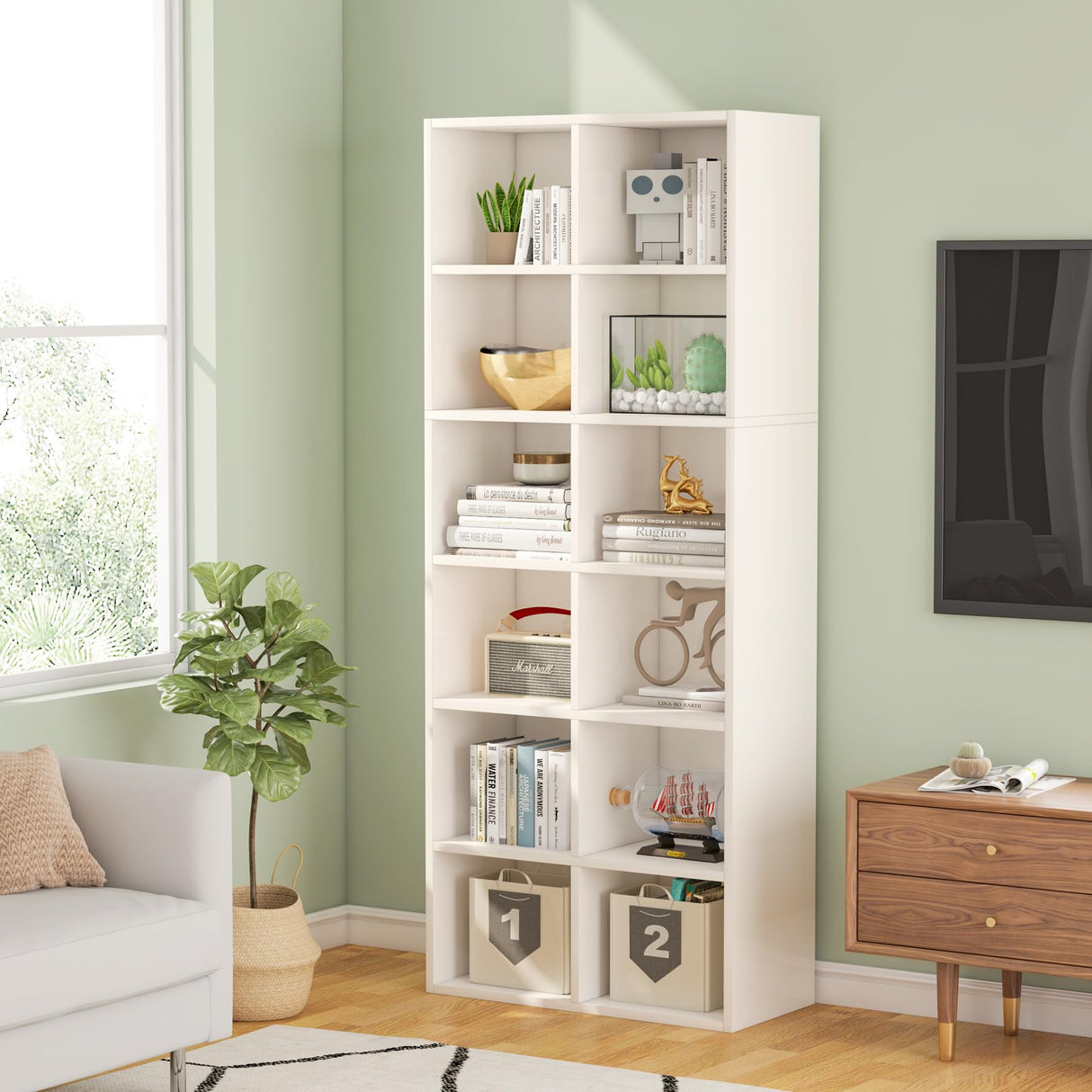 70.9 Inch Tall Narrow Bookcase, Corner Bookshelf 6 Tier Cube Display Shelf