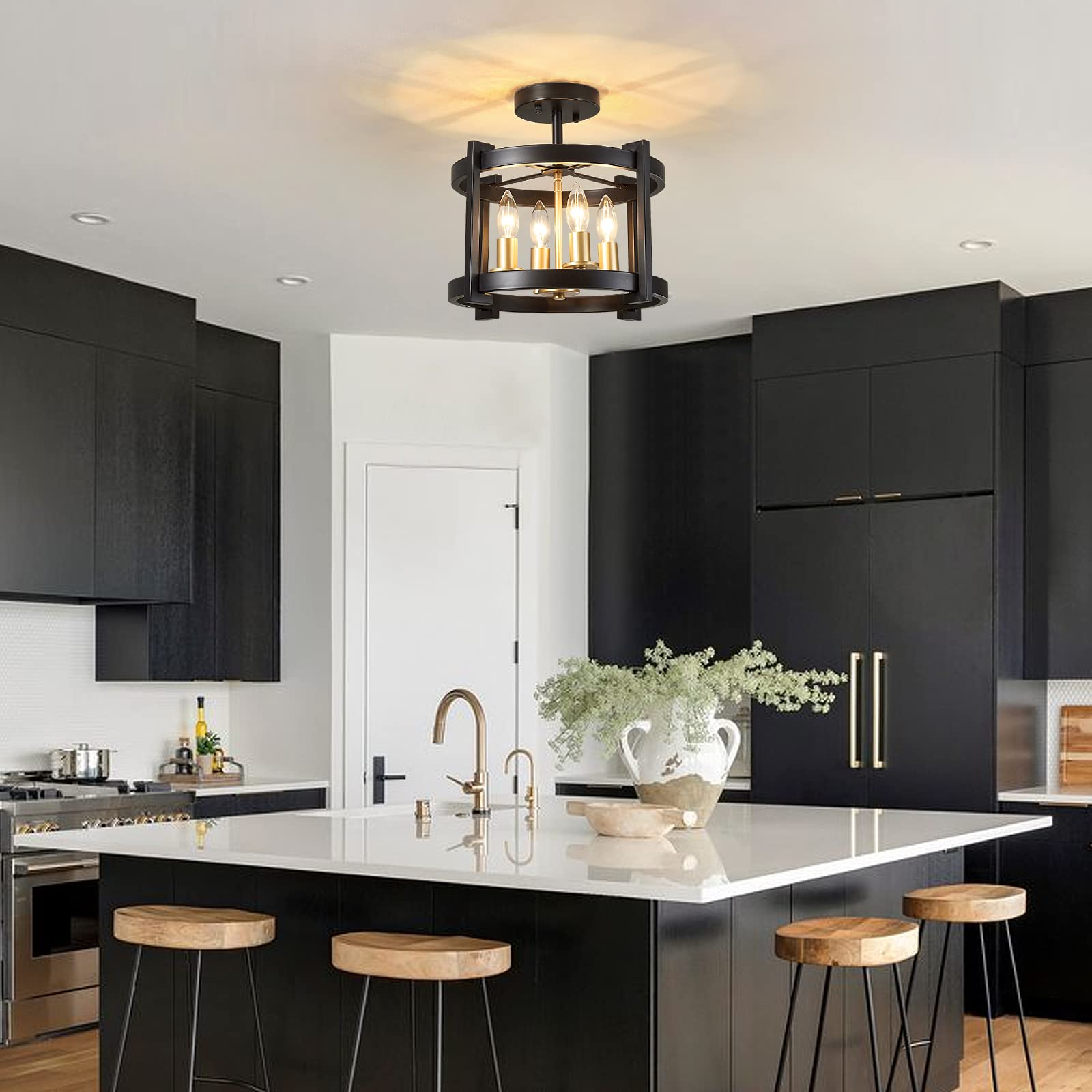 4-Light Semi Ceiling Light Flush Mount BK+GD Farmhouse Rustic Vintage