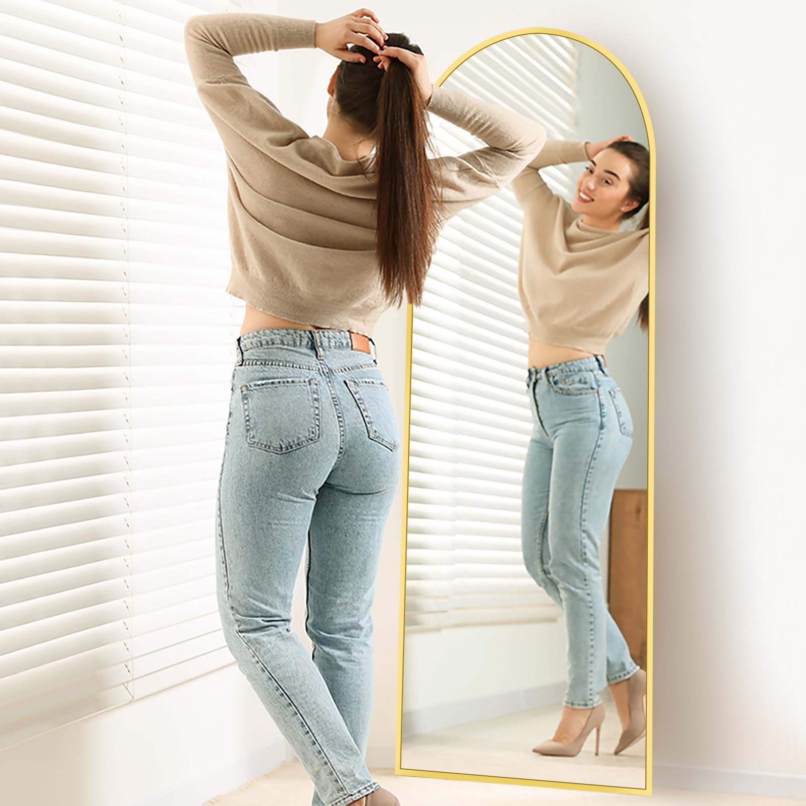 Arched Full Length Mirror with Stand - 64"x21" Gold Mirrors Floor Length for Bedroom