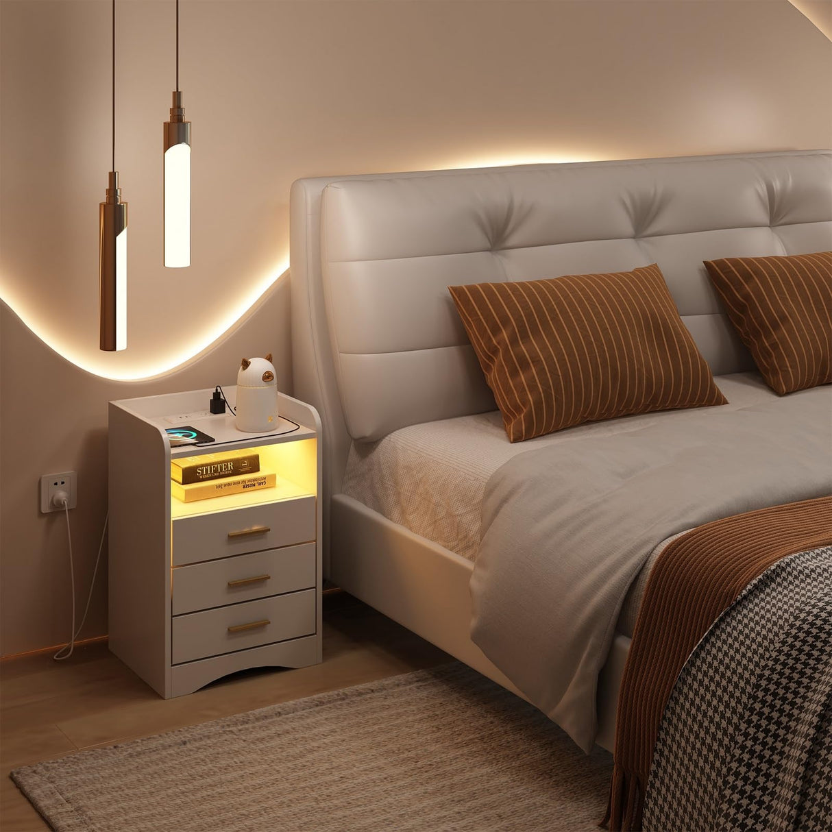 Multi-Functional White Nightstand Set of 2 with Charging Station