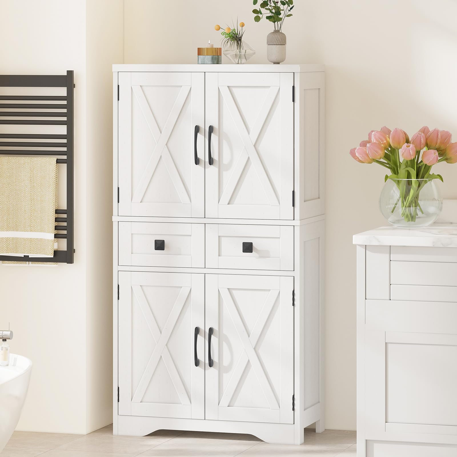 Bathroom Storage Cabinet with 2 Drawers and Barn Doors, Kitchen Pantry Cabinet