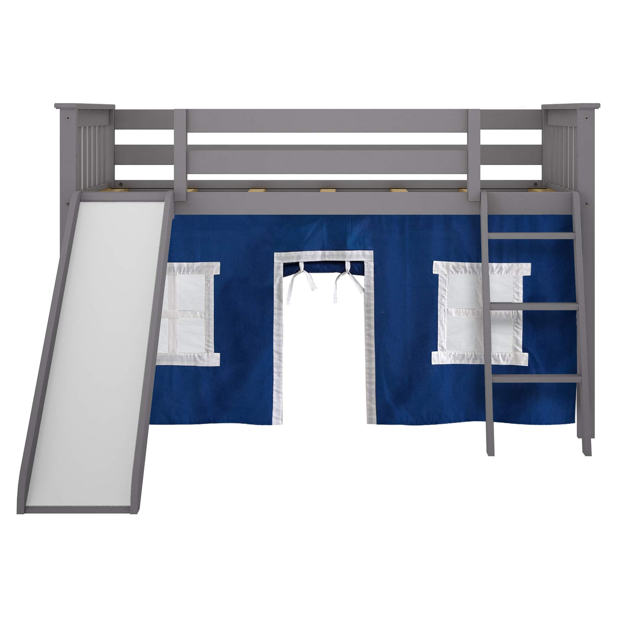 Low Loft Bed, Twin Bed Frame For Kids With Slide and Curtains For Bottom