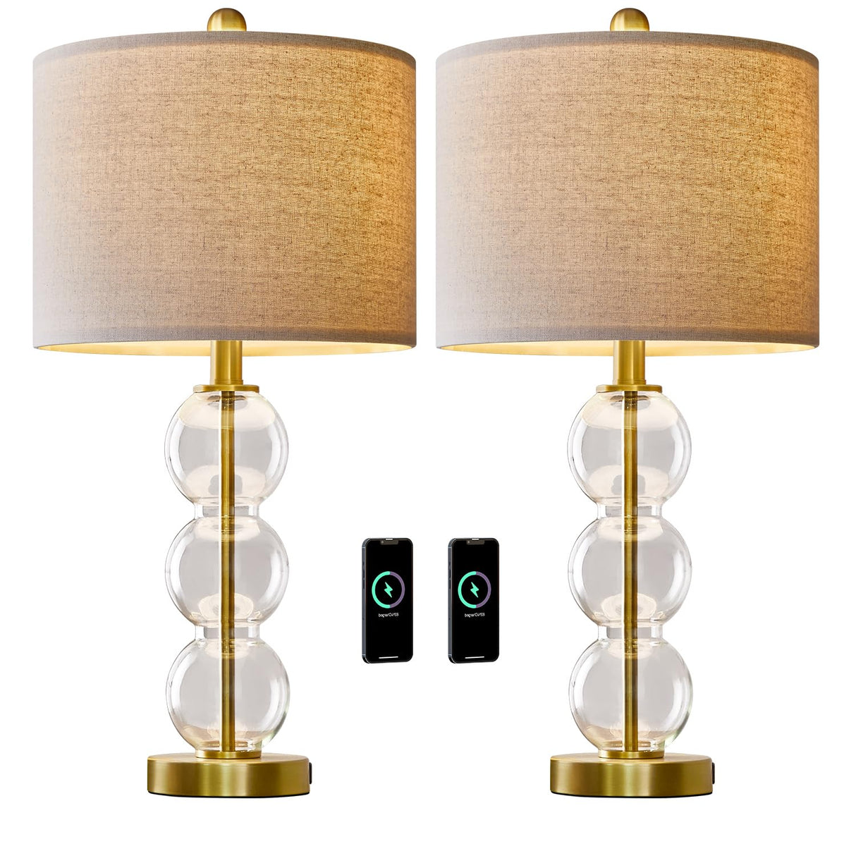 USumkky 24'' Glass Table Lamps Set of 2 for Bedroom Living Room,Gold Glass Bedside Lamps for Nightstands with USB Ports and AC Outlets(Bulbs not Included)