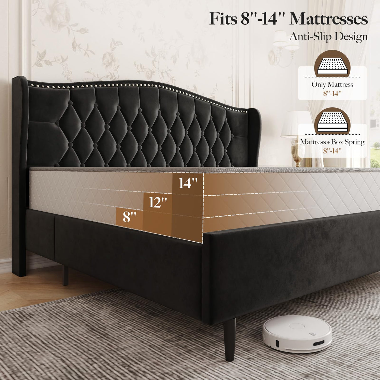 Queen Bed Frame with Upholstered Velvet Headboard - Black