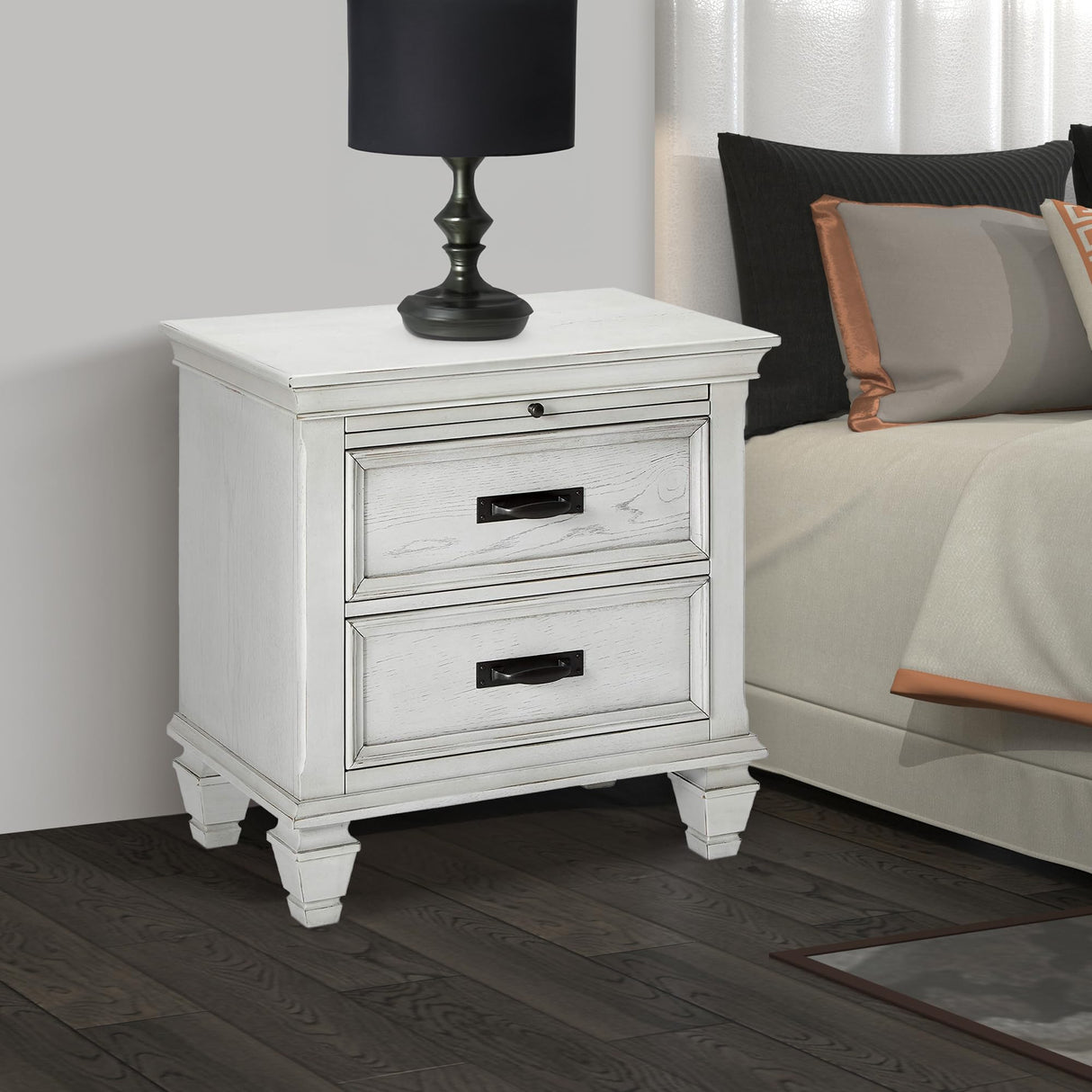 Wooden Nightstand with Drawers, White