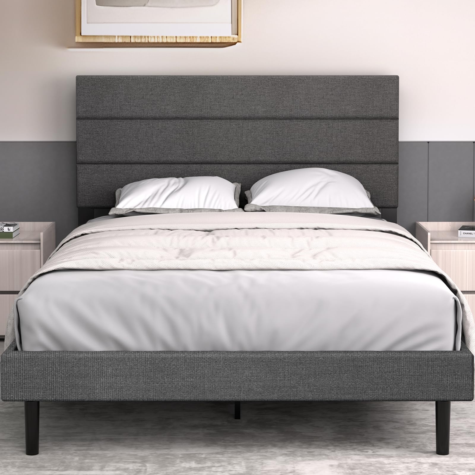 Queen Size Platform Bed Frame with Headboard, Fabric Upholstered Bed