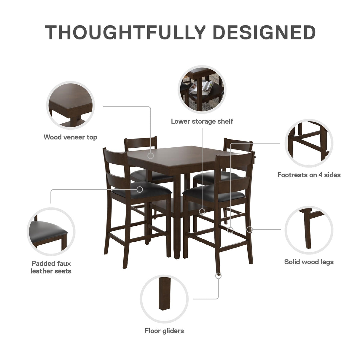Counter Height Dining Table and Chairs Set, Espresso