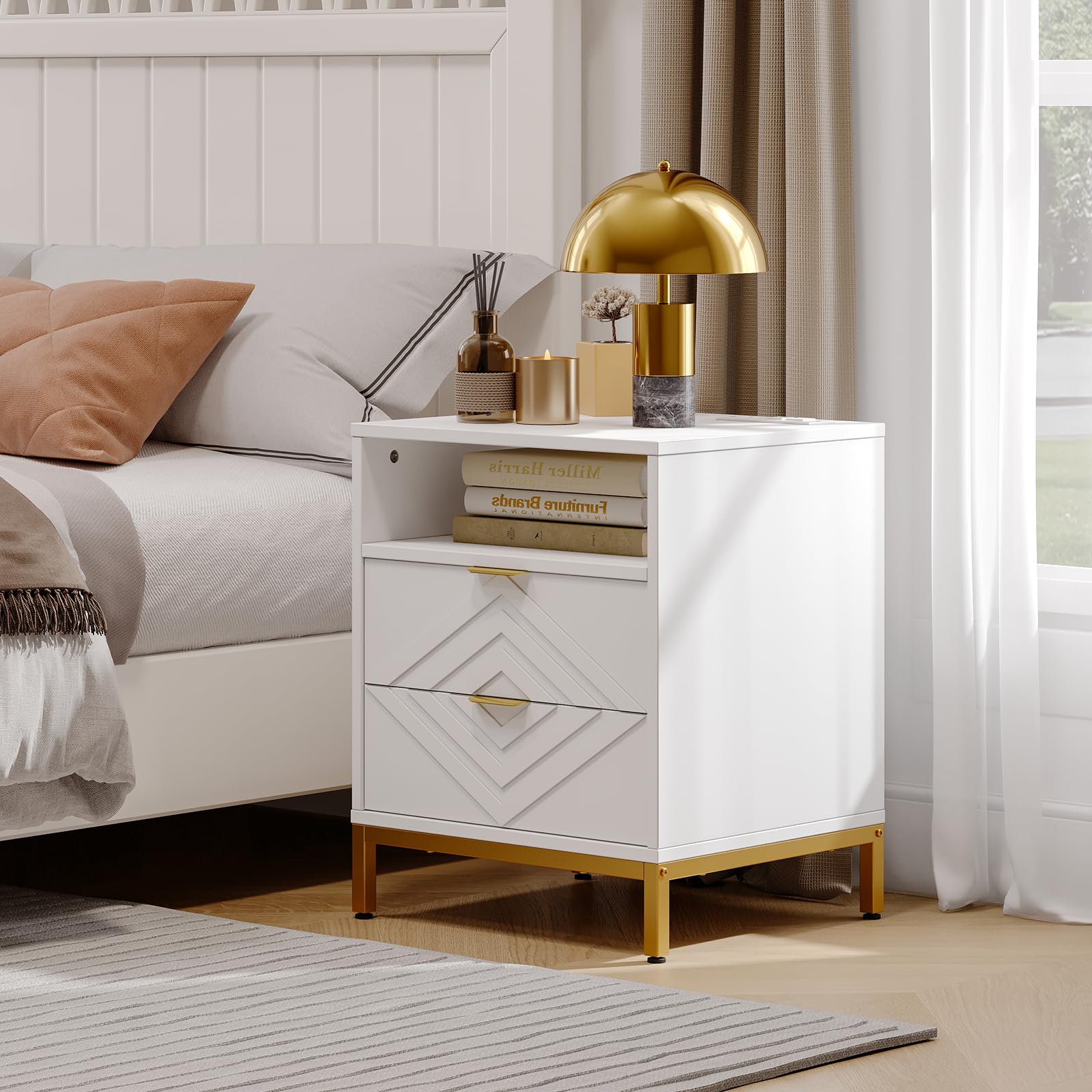 Nightstand, Modern Side Table, End Table with Charging Station and LED Lights, Bedside