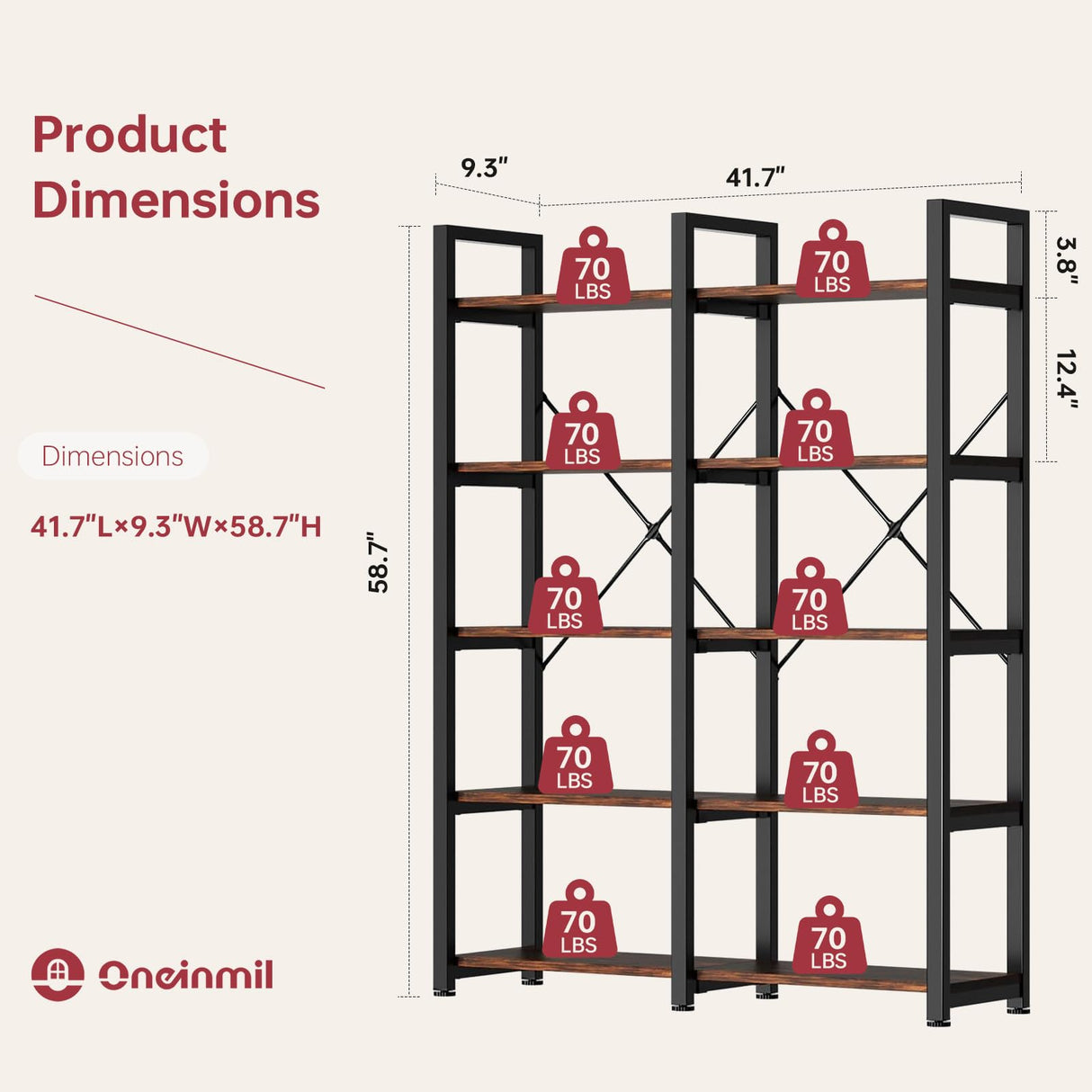 5 Tier, 58.7'' Industrial Wooden Book Shelf with Metal Frame, Large Storage Rack with Open Shelves, Wood Display Bookcase for Home and Office, Rustic Brown