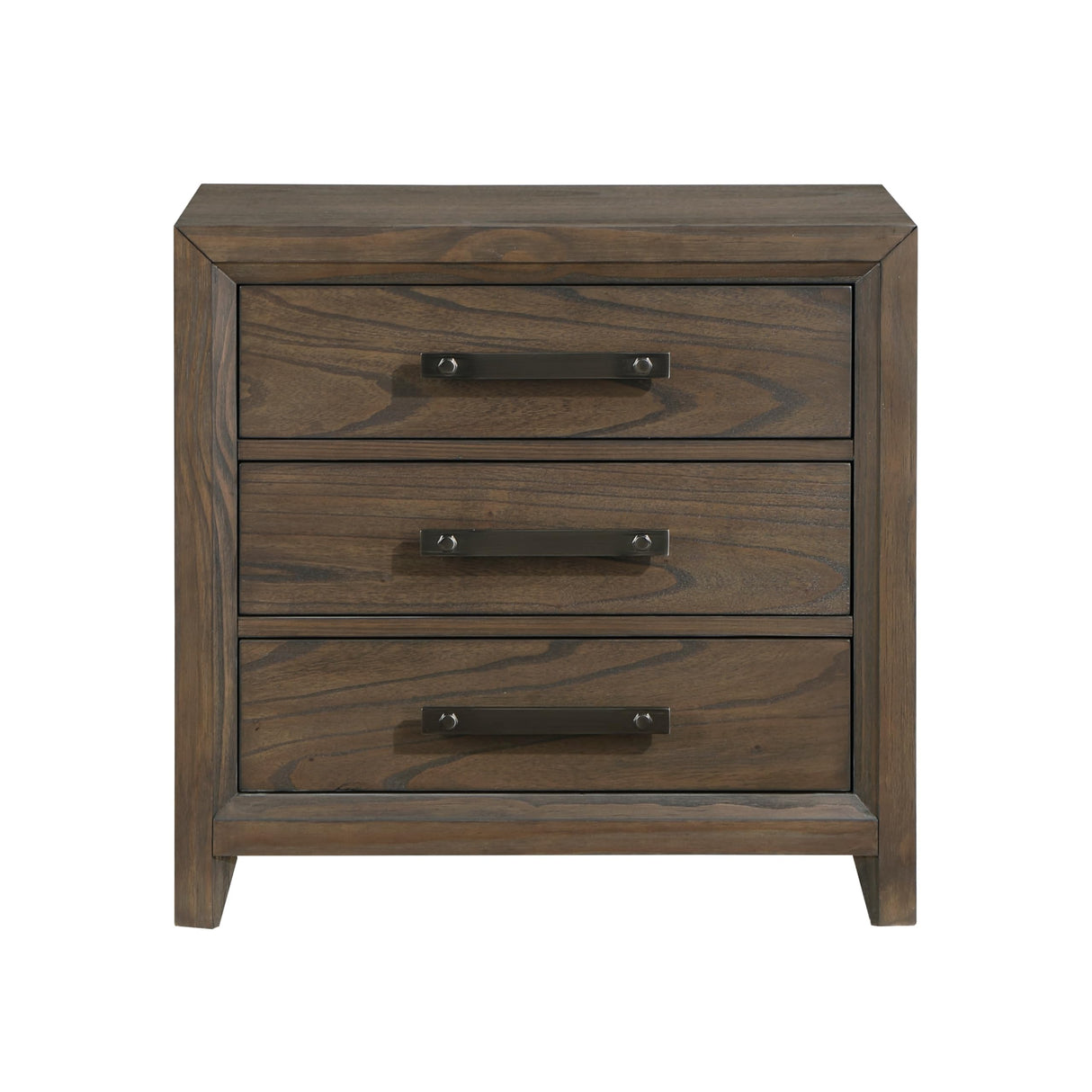 27 Inch Nightstand, 3 Drawers, Handles, Brushed Walnut, Brown, Black and Nickel
