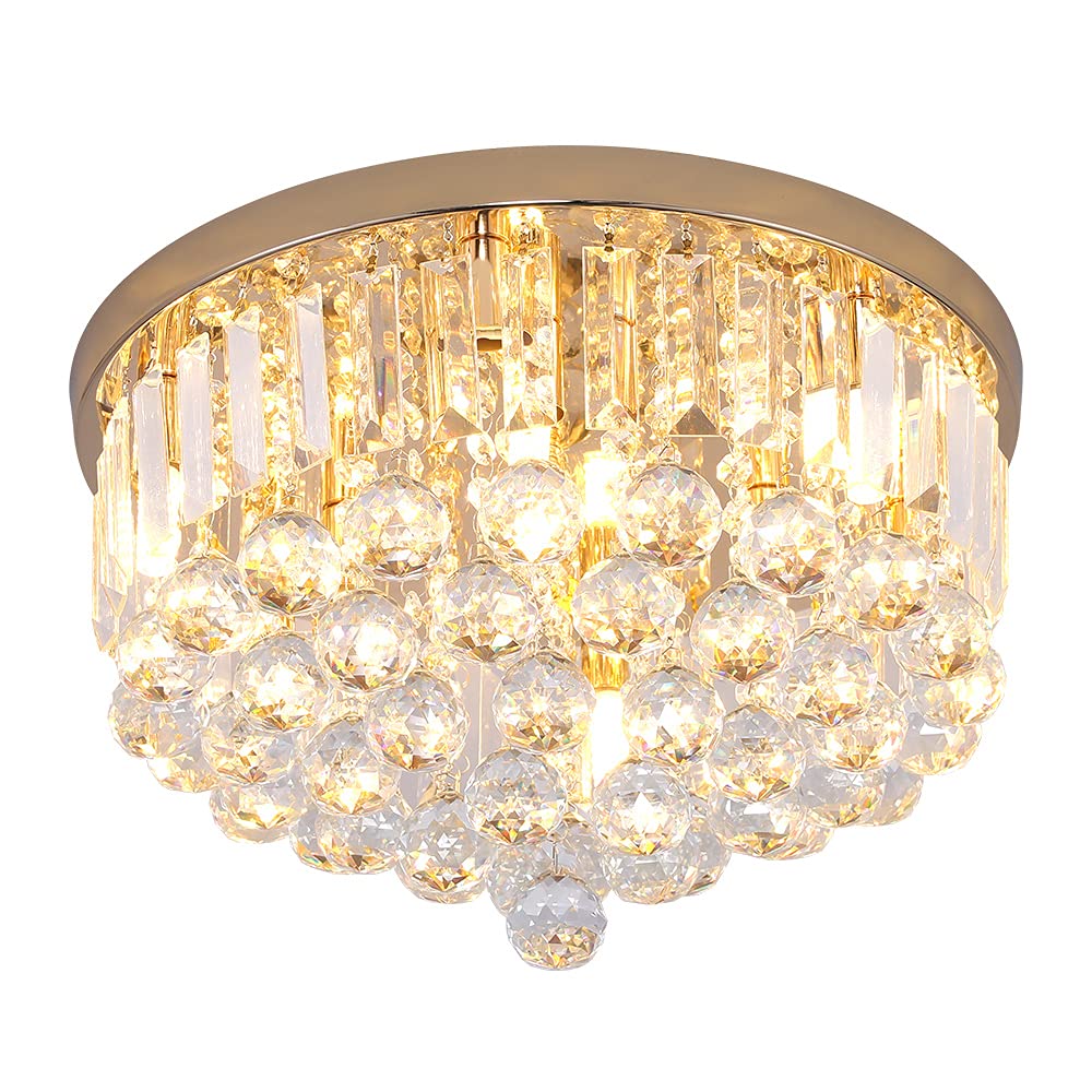 Mini Crystal Chandelier Ceiling Light,Flush Mount Modern Round K9 Crystal Raindrop