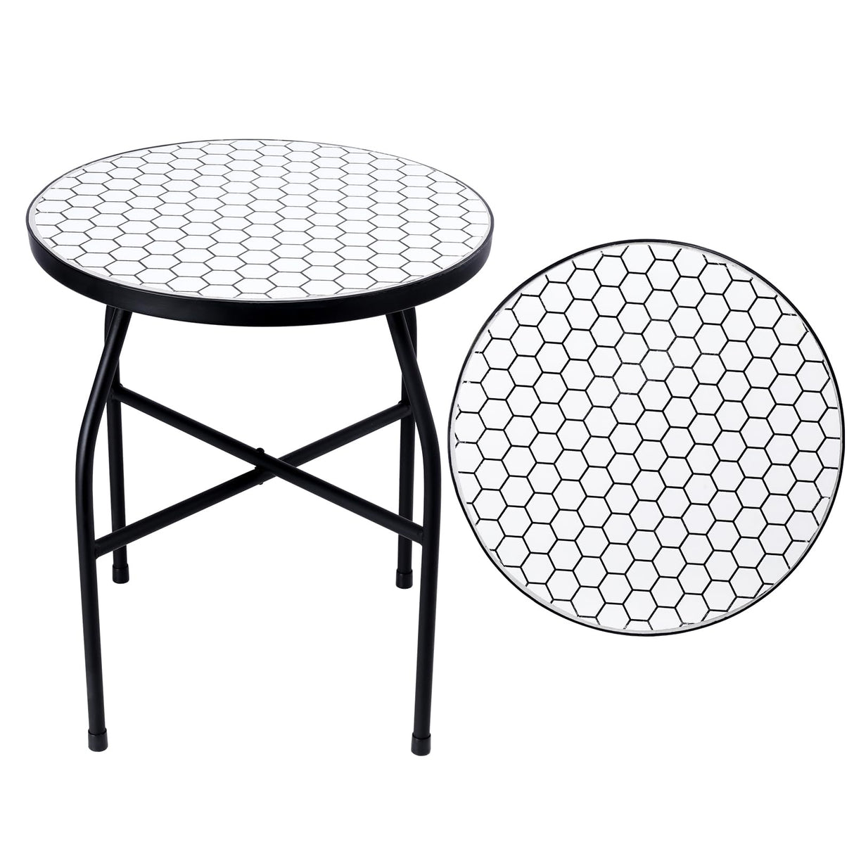 VCUTEKA Mosaic Outdoor Side Table - Small Patio Table Coffee Outside Accent Tables Round End Plant Tables for Bistro Balcony Porch Outdoor Benches 14'' White - Bircata